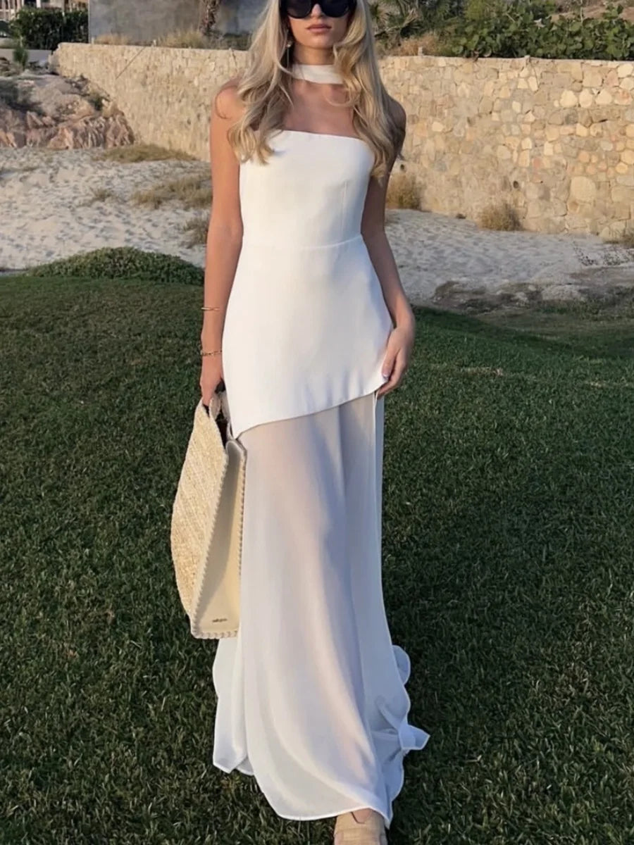 Vestido largo halter con pañuelo color blanco AmeliaGlow