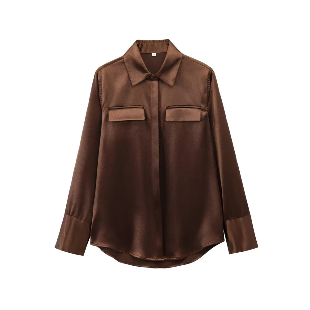 Camisa satinada con bolsillos marrón AmeliaGlow