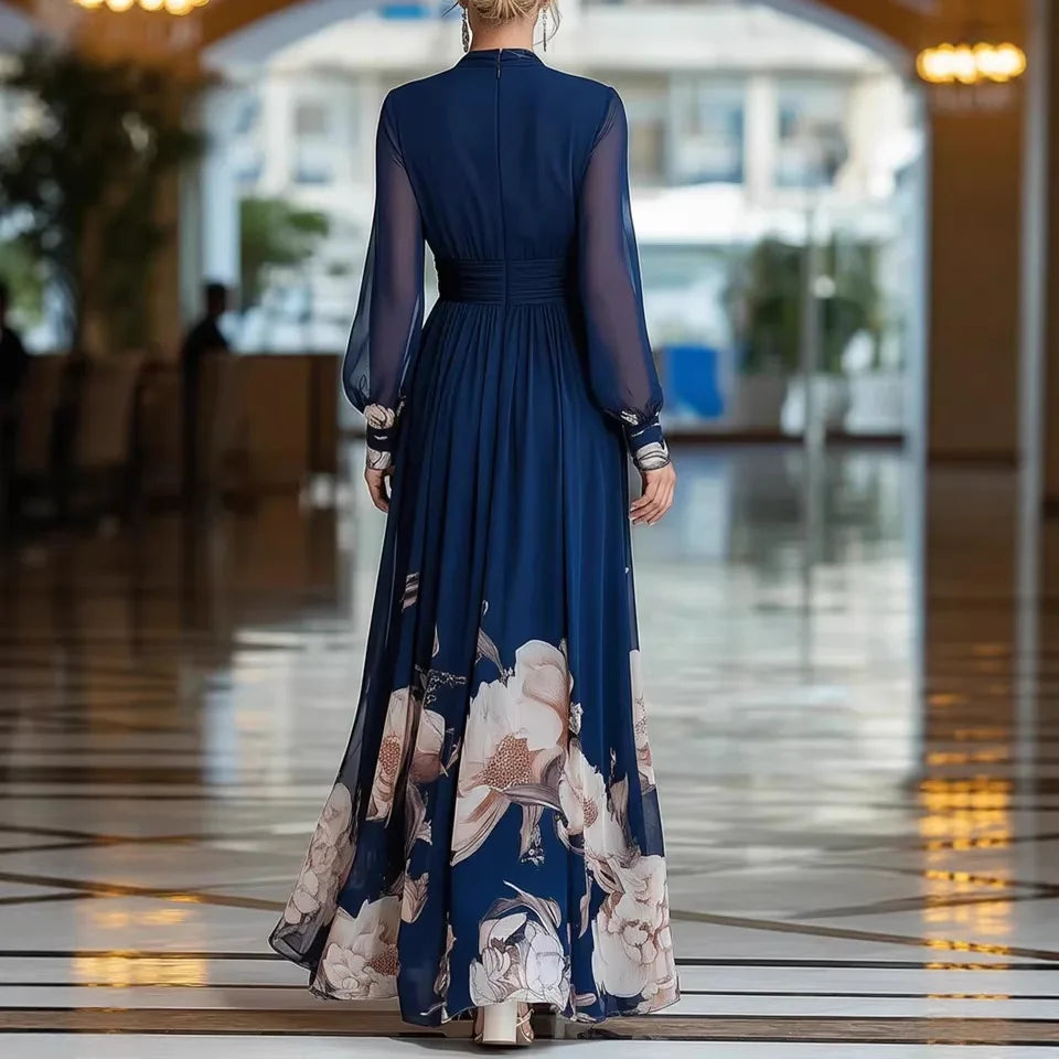Vestido largo floral azul con cuello en V y manga larga AmeliaGlow - imagen 2