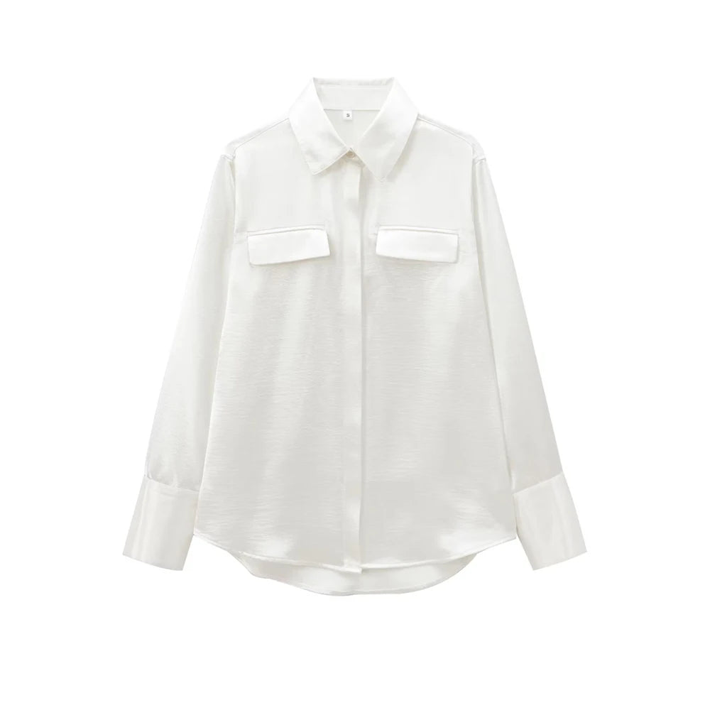 Camisa satinada con bolsillos blanca AmeliaGlow