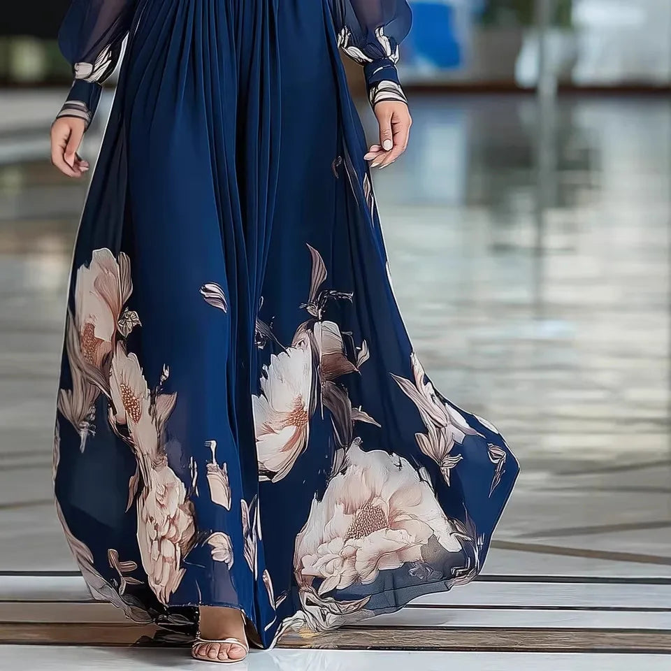Vestido largo floral azul con cuello en V y manga larga AmeliaGlow - imagen 3
