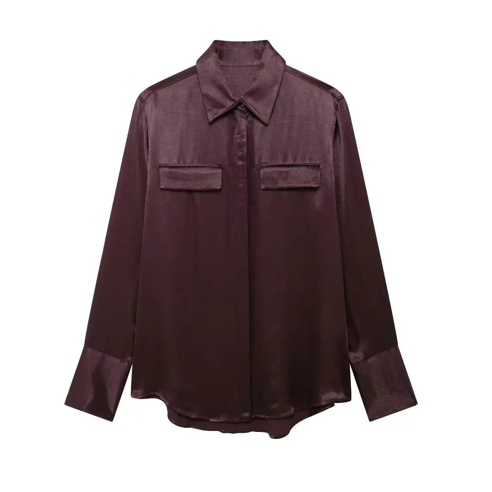 Camisa satinada con bolsillos burdeos AmeliaGlow