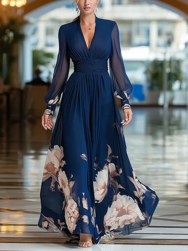 Vestido largo floral azul con cuello en V y manga larga AmeliaGlow - imagen 5