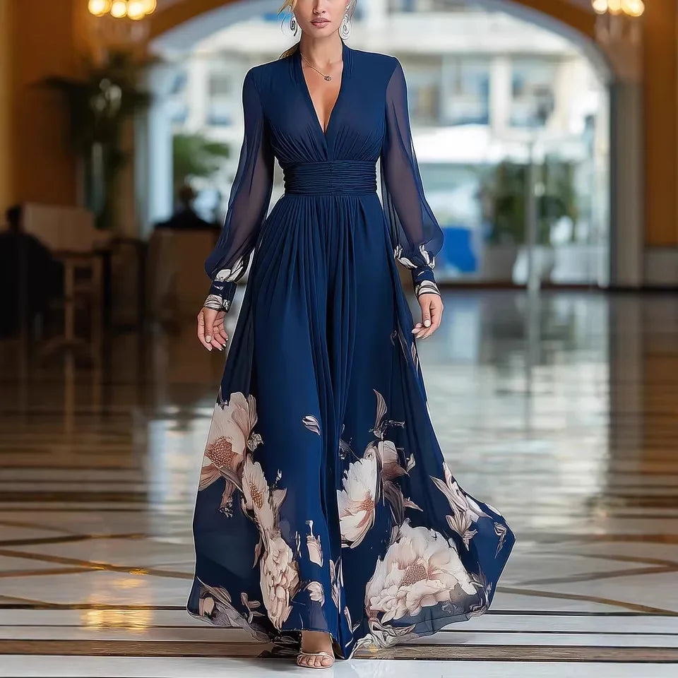 Vestido largo floral azul con cuello en V y manga larga AmeliaGlow - imagen 1
