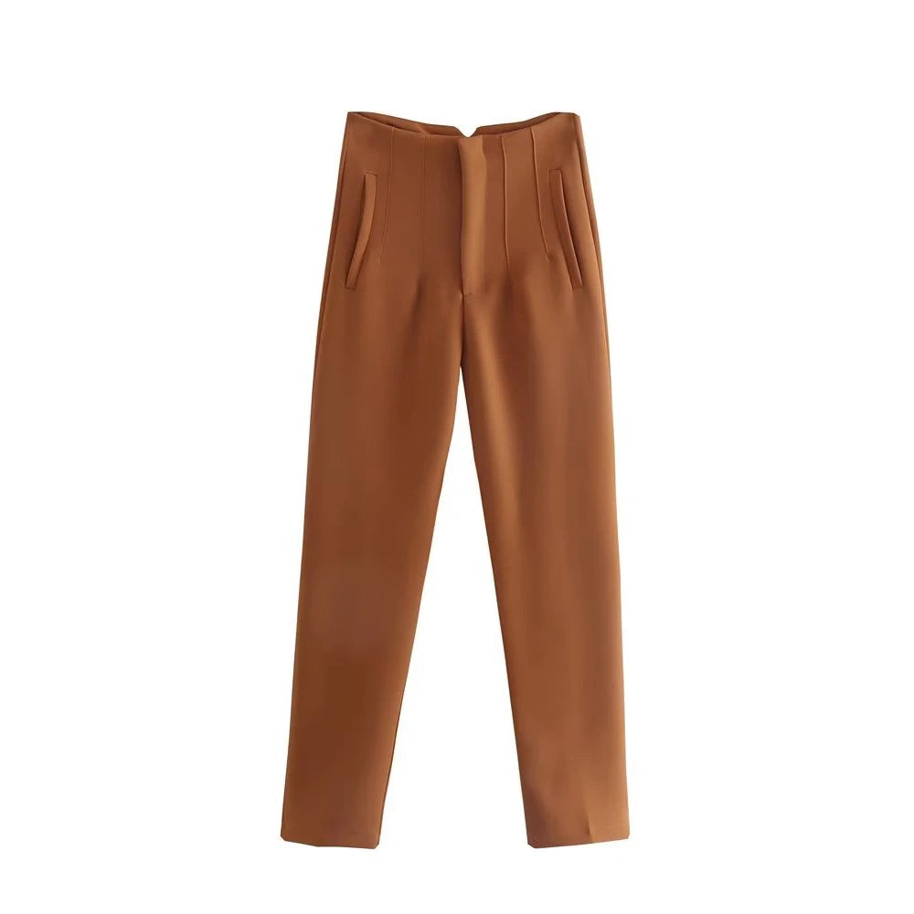 Pantalón recto de cintura alta marrón oscuro AmeliaGlow