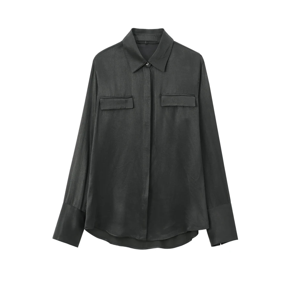 Camisa satinada con bolsillos negra AmeliaGlow