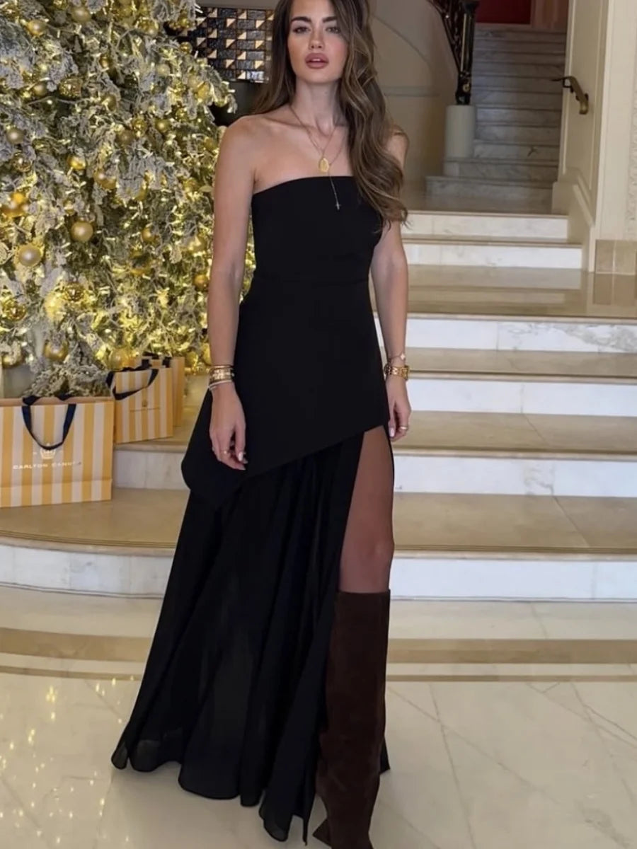 Vestido largo halter con pañuelo color negro AmeliaGlow