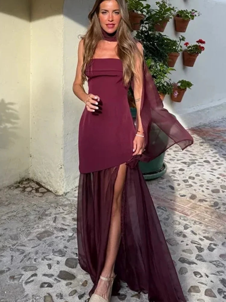 Vestido largo halter con pañuelo y abertura AmeliaGlow - imagen 2